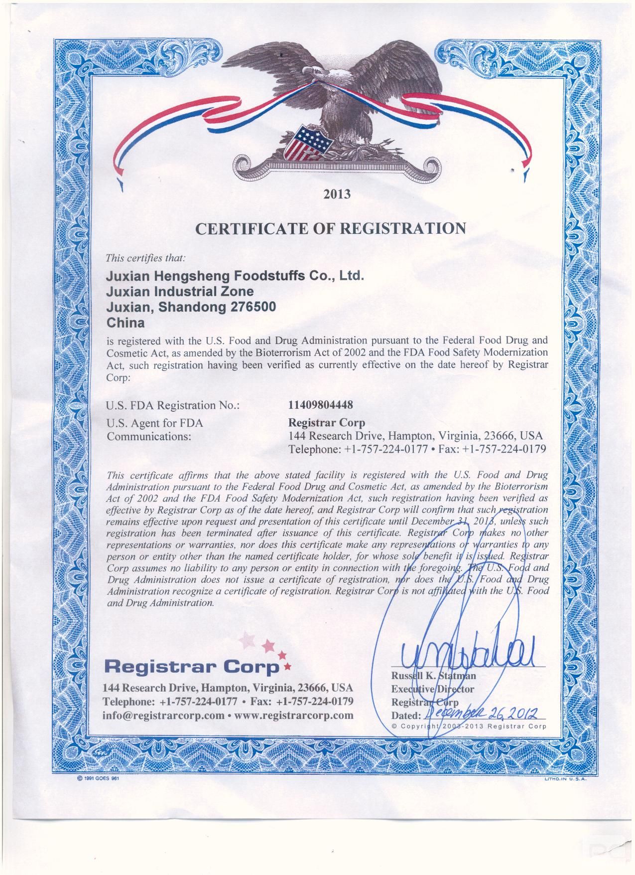 CERIFICATE OF REGISTR